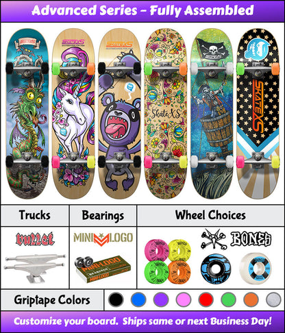 SkateXS Advanced Series Kids Skateboards shown with designs, Bullet trucks, Mini-logo bearings and Bones 100s colorful wheel options 