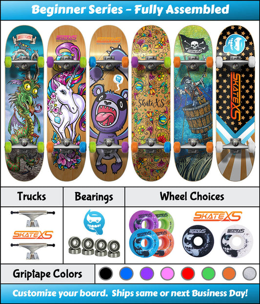 SkateXS Beginner Series Kids Skateboards shown with designs, SkateXS hollow trucks and SkateXS softer colorful wheels. 