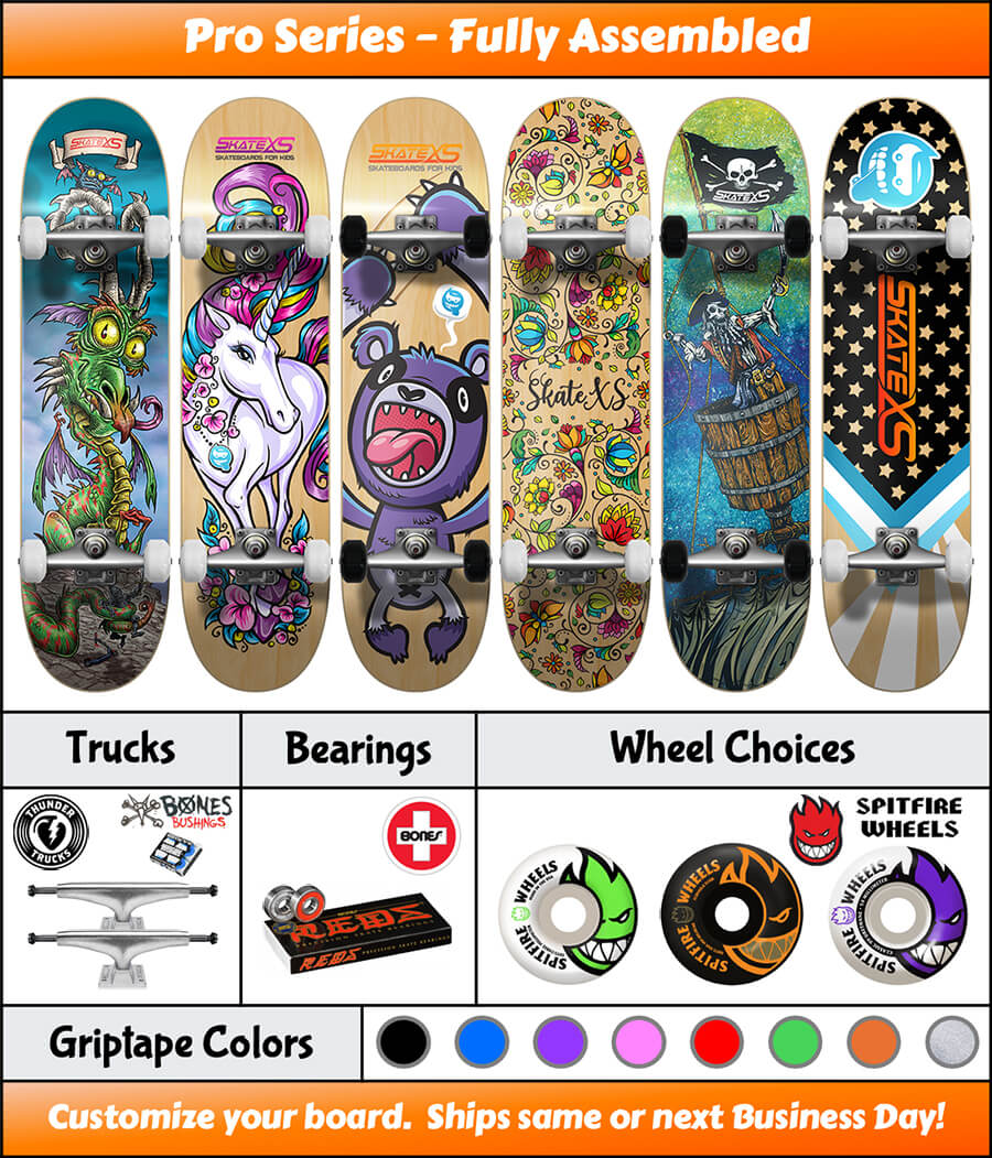 SkateXS Pro Series Kids Skateboards shown with designs, Thunder Trucks, Bones Bearings and Bushings and Colorful Spitfire Wheel options. 